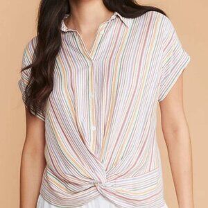 Lou & Grey Twist-Front Multicolor Striped Button-Down Blouse NWT